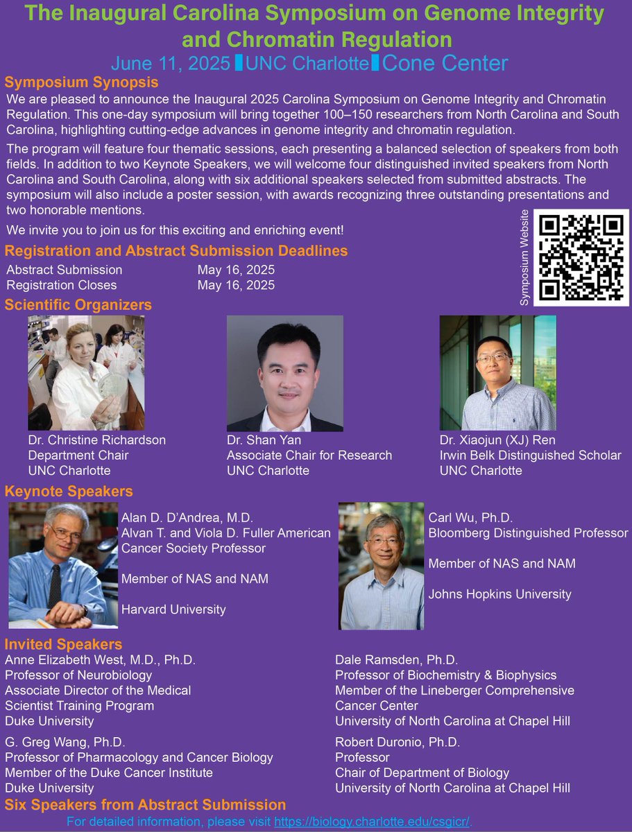 XR_Lab's tweet image. We are pleased to announce the Inaugural 2025 Carolina Symposium on Genome Integrity and Chromatin Regulation on June 11, 2025 @unccharlotte
Free registration, abstract for talk/poster:
biology.charlotte.edu/announcing-the…