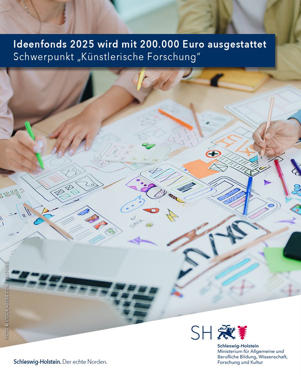 Das Ministerium für Wissenschaft und Forschung startet 2025 einen neuen Ideenfonds in Höhe von 200.000 Euro! 🎨 Schwerpunkte sind „Künstlerische Forschung“ &amp; „Kultur- und Kreativwirtschaft“. Alle Infos zum neuen Ideenfonds unter schleswig-holstein.de/DE/landesregie…
