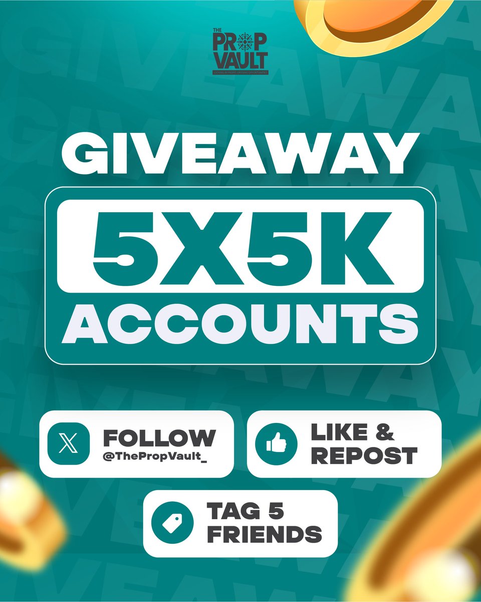 🎁 GIVEAWAY TIME 🎁

Prize: 5X    5k challenge accounts 

To Participate: 

1. Follow @thepropvault_ &amp; @AB_FX_KILLER 

2. Like and repost this post

3. Tag 5 friends in the comments

4. Join TPV discords: discord.gg/tga23Dc5GV

thepropvault.com/?ref=104

End in 72 hours