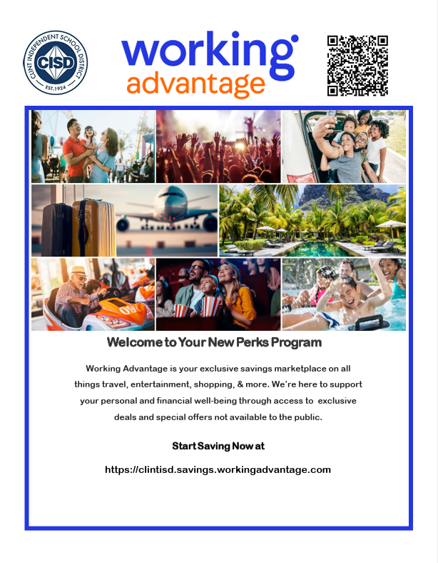 ClintBenefits's tweet photo. We are excited to introduce our Free Exclusive Employee Perks Program!  Clint ISD has partnered with Working Advantage to provide you a program designed to offer you fantastic discounts on travel, entertainment, shopping and more! https://t.co/YkSN4nUSsF