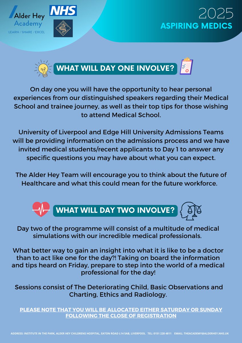 Are you a Year 12 student in the Merseyside region who is looking to apply for Medical School in Autumn?

If so, then Aspiring Medics is for you! 🫵 To register for your free place, please visit the below link or scan the QR code on the flyer: 

AspiringMedics2025.eventbrite.co.uk