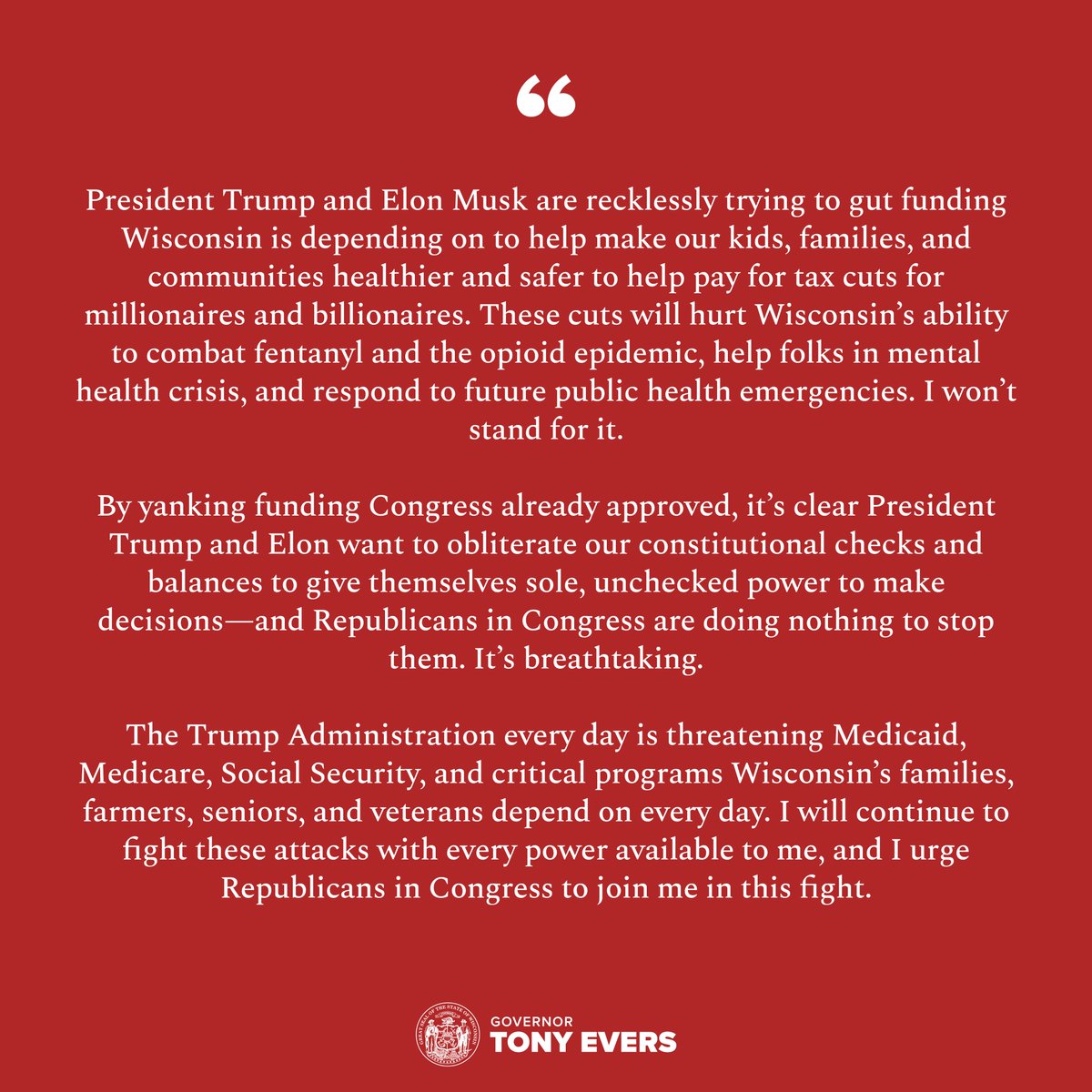 BREAKING: We’re suing the Trump Administration...again. If they think they can take back $225 million already promised to the state for critical health services to pay for tax cuts for millionaires and billionaires, they better think again.

More here ⬇️
content.govdelivery.com/accounts/WIGOV…