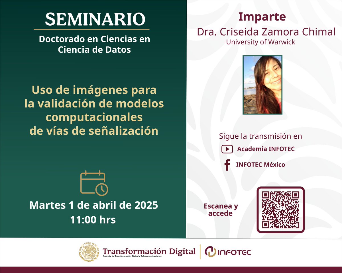 Como parte del Seminario del Doctorado en Ciencias en Ciencia de Datos, La Dra. Criseida Zamora Chimal nos hablará acerca del uso de imágenes para la validación de modelos computacionales de vías de señalización.

youtube.com/@academiainfot…