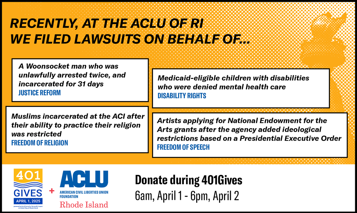 Any donation during <a href="/401Gives/">401Gives</a> will help us continue to protect and defend civil liberties in Rhode Island — every dollar keeps us in the fight! Plus, your donation at 12pm or 4:01pm may be doubled. Go to: 401gives.org/organizations/…