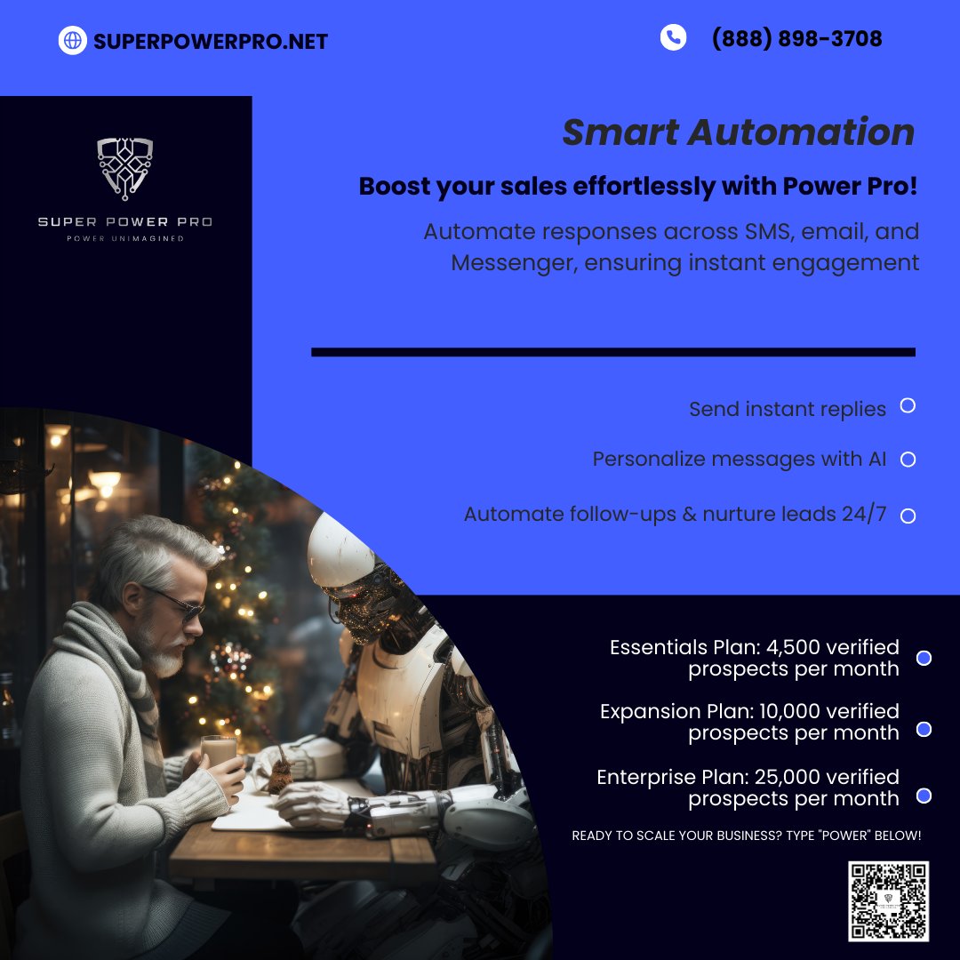 SuperPower21001's tweet photo. 🚀 Boost sales on autopilot with Super Power Pro! Get instant replies via SMS, email &amp; Messenger, personalized AI messages, and 24/7 lead nurturing.
📲 https://t.co/b189gMoc6n
📞 (888) 898-3708
#SmartAutomation 
#SuperPowerPro 
#CRM https://t.co/jOZhGSrefc