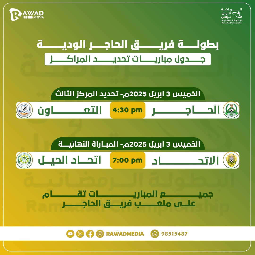 تُقام بعد غدٍ الخميس المباراة النهائية لبطولة فريق الحاجر الوديه (الرياضة أخلاق و تواصل) ، والتي ستجمع بين فريقيّ الاتحاد و اتحاد حيل الغاف ، وذلك في تمام السابعة مساءً ، فيما يلتقي فريق الحاجر بفريق التعاون في مباراة تحديد المركز الثالث في تمام الرابعة والنصف مساءً.
#رواد_ميديا