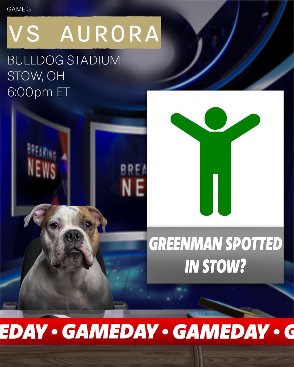 SMF_Lacrosse's tweet photo. First ever reports of greenmen in Stow! 

🚨: Game 3
🆚: @AuroraLacrosse 
⏰: 6:00 EST
📍: Stow, OH
🏟️: Bulldog Stadium

#BulldogFAST https://t.co/OMPTseh3v7