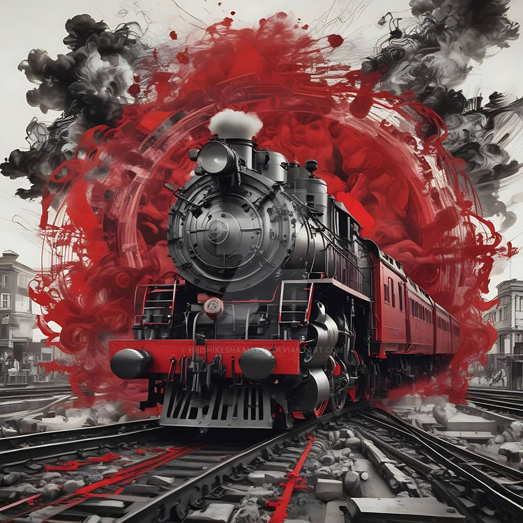 HrishikeshaNFTs's tweet photo. Power and chaos collide on the iron rails. ๐๐ฅ This artwork captures a dramatic scene of a train amidst a burst of intense color. What stories do you see unfolding in this moment? #DigitalArt #TrainArt #DramaticScenes #ArtLovers #CreativeVision #PowerfulImagery https://t.co/gU9xkNLoRK