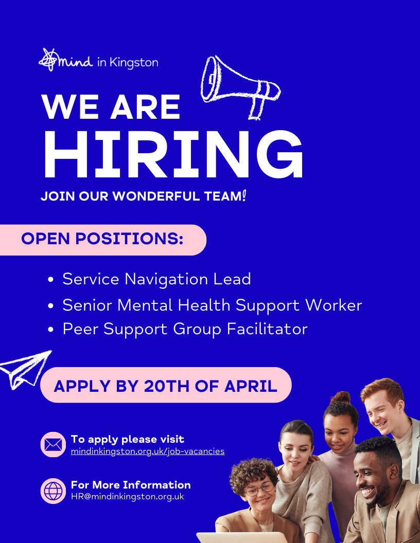 🌟 Join Our Wonderful Team! 🌟

We're recruiting for:
Service Navigation Lead
Senior Mental Health Support Worker
Peer Support Group Facilitator

For more info
🔗 mindinkingston.org.uk/job-vacancies

Deadline: April 20th, 11:59pm
Interviews: April 30th &amp; May 1st

🔒 Enhanced DBS required