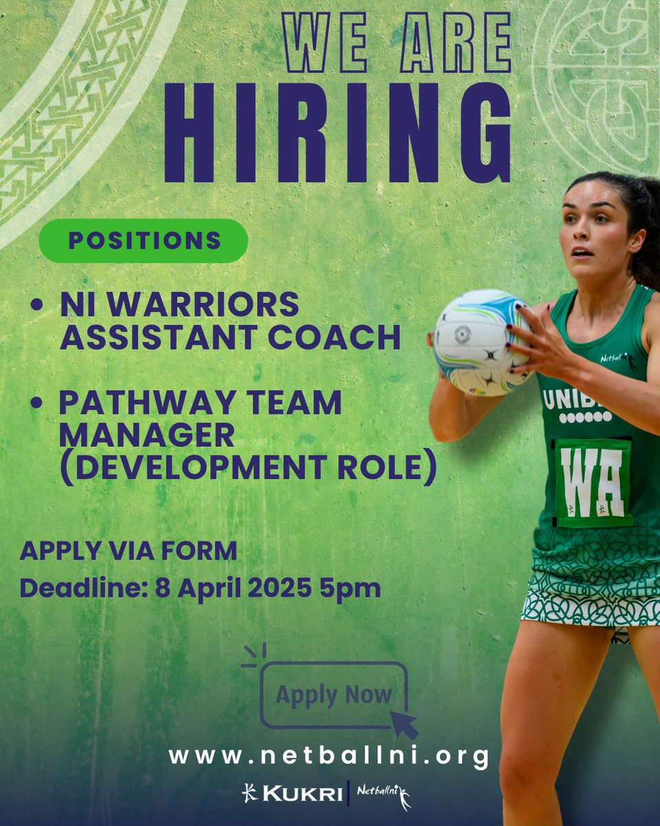 📢WE ARE HIRING 📢
📌NI Warriors Assistant Coach
📌Pathway Team Manager (Development)
Find out more information and apply via the link below 👇
netballni.org/we-are-hiring-…