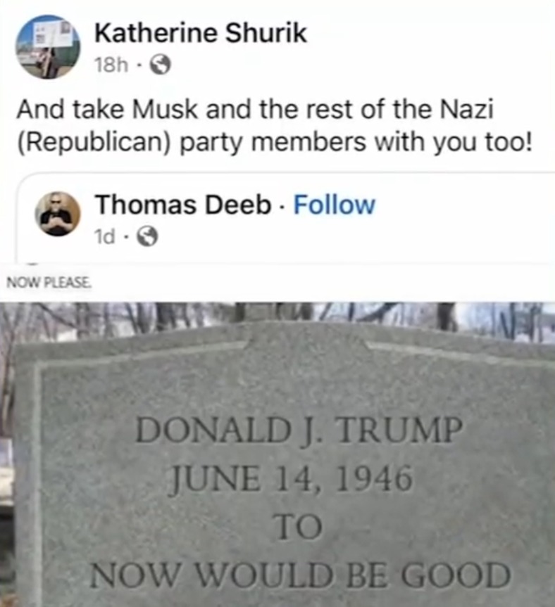 Libs of TikTok (@libsoftiktok) on Twitter photo Meet Katherine Shurik, a lecturer at <a href="/Fresno_State/">Fresno State</a>. She posted this on Facebook calling for the death of Trump, Elon, and Republicans.
Any comment <a href="/Fresno_State/">Fresno State</a>? Meet Katherine Shurik, a lecturer at <a href="/Fresno_State/">Fresno State</a>. She posted this on Facebook calling for the death of Trump, Elon, and Republicans.
Any comment <a href="/Fresno_State/">Fresno State</a>?