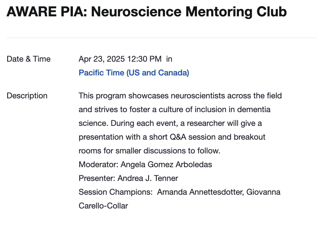 Dear neuroscience community, please register for the AWARE PIA: Neuroscience Mentoring Club for April 23. Neuroscientists across the field are striving to foster a culture of inclusion in dementia science! Here's the registration link:  alz-org.zoom.us/meeting/regist… <a href="/Rajagopalan_Pri/">Priya Rajagopalan</a>