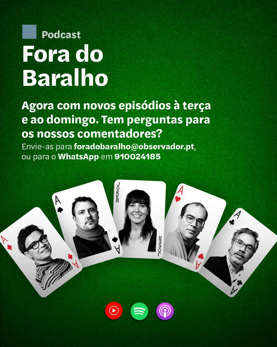 Observador (@observadorpt) on Twitter photo 🎧 Agora há mais Fora do Baralho. Oiça novos episódios à terça-feira e ao domingo, disponível nas habituais plataformas de podcast 🔗 go.observador.pt/25040112
<a href="/speraltalisboa/">Susana Peralta</a> <a href="/LConraria/">Luís Aguiar-Conraria</a> <a href="/JMFernandes86/">Jorge M. Fernandes</a> <a href="/vanessasoucruz/">Vanessa Cruz</a> 🎧 Agora há mais Fora do Baralho. Oiça novos episódios à terça-feira e ao domingo, disponível nas habituais plataformas de podcast 🔗 go.observador.pt/25040112
<a href="/speraltalisboa/">Susana Peralta</a> <a href="/LConraria/">Luís Aguiar-Conraria</a> <a href="/JMFernandes86/">Jorge M. Fernandes</a> <a href="/vanessasoucruz/">Vanessa Cruz</a>