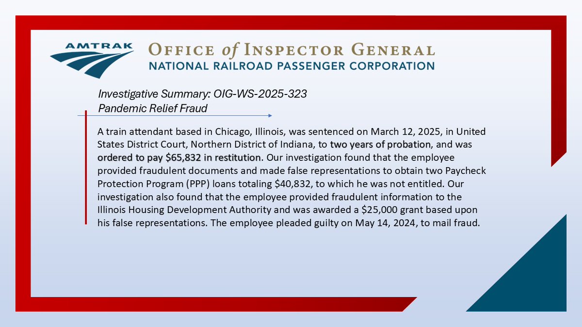 #Amtrak train attendant ordered to pay $65,832 in restitution for bilking pandemic relief funds. direc.to/mApP