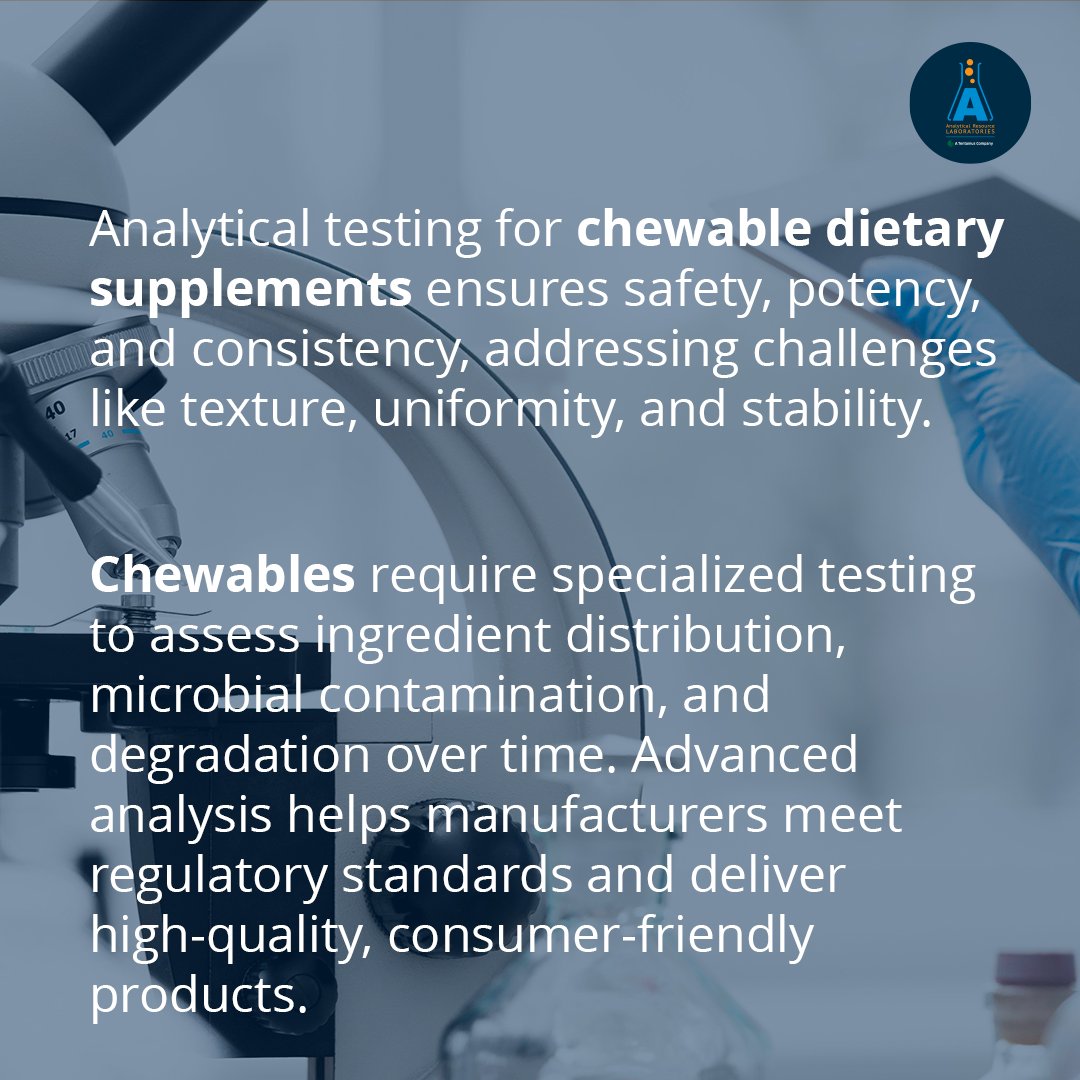 analyticallabs's tweet image. Chewable dietary supplements need specialized testing to ensure safety, potency, and a consistent experience!
We provide advanced analysis for ingredient distribution, microbial safety, and stability.

#SupplementScience #QualityMatters #AnalyticalTesting #chewables