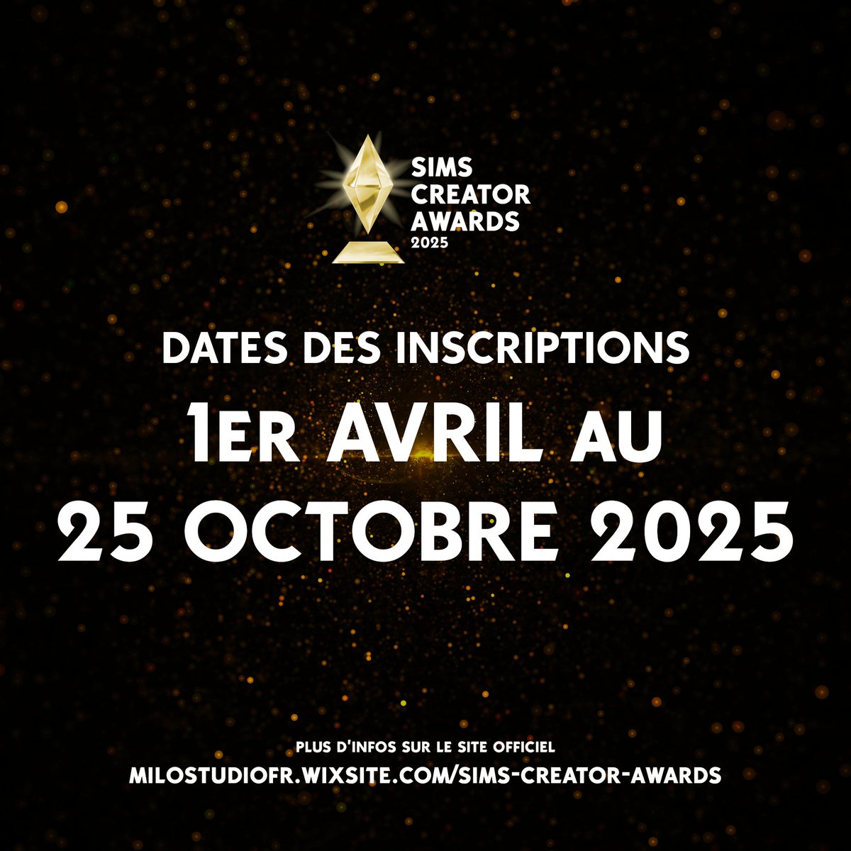 Ce n’est toujours pas un poisson d’avril ! 🐟😆 Les Sims Creator Awards 2025 sont officiellement lancés, et vous pouvez dès maintenant inscrire vos créations !

📌Date limite d’inscription : 25 octobre 2025 à 19h
📌Infos ici : milostudiofr.wixsite.com/sims-creator-a…

#simscreatorawards #Sims4