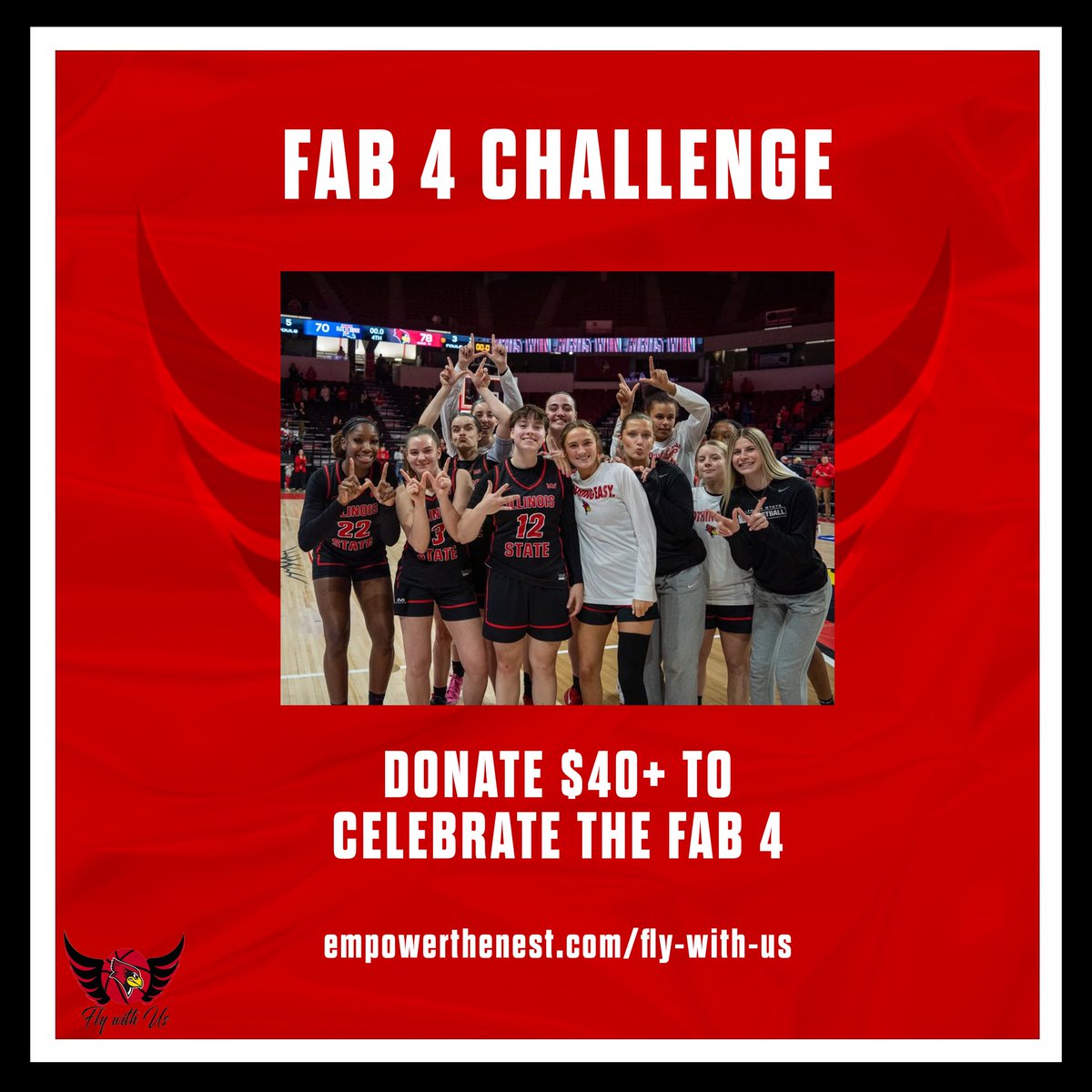Join in the FAB 4 CHALLENGE. 

To celebrate our women’s basketball team making the FAB 4 of the WNIT please consider donating $40 (or any amount) to our FLY WITH US collective. 

Thanks for ALL your support! 

🔗 to donate is here. 
empowerthenest.com/fly-with-us/