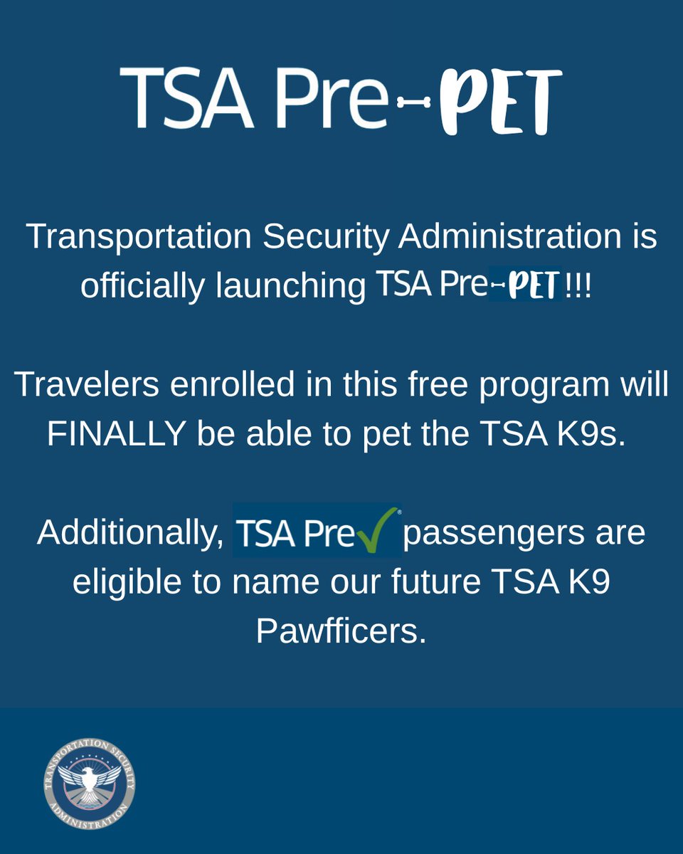You asked… we listened! Sign up for TSA Pre-PET to pet our retired pups at the airport. Registration is free, treats are encouraged but not required.

Plus, TSA PreCheck passengers will be eligible to name our future K9 Pawfficers. 

More info: bit.ly/TSAPre-PET