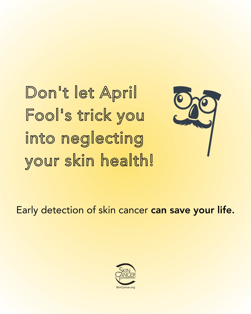 April 1st is for jokes, but skin cancer is no laughing matter. The sun doesn’t care if it’s cloudy, cold, or even April Fools’ Day—it can still damage your skin.

Learn more sun protection strategies: SkinCancer.org/prevention

 #AprilFools #WearYourSPF #SunProtection #HealthySkin