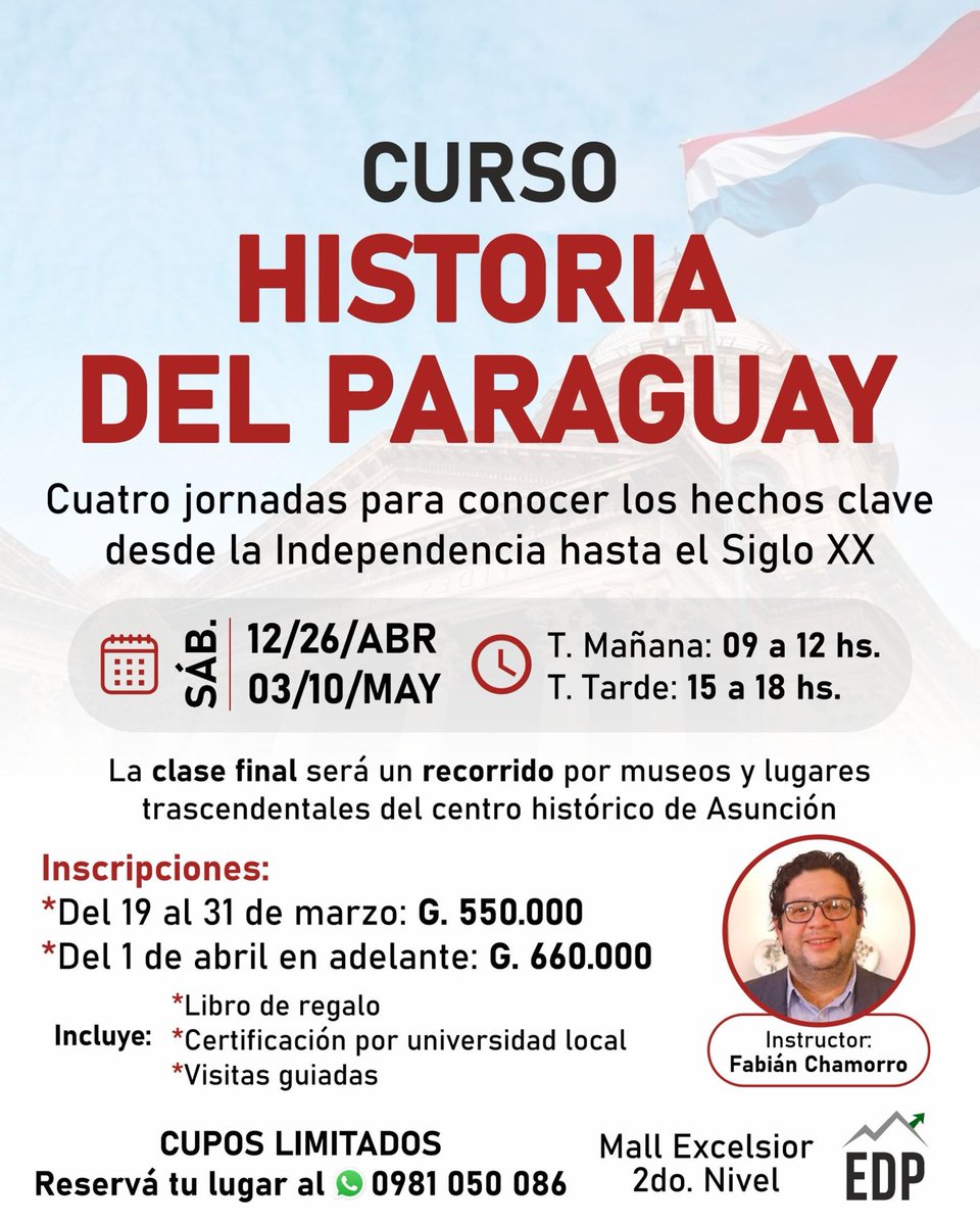 Seguimos anotando para el curso de Historia del Paraguay. 
🏛 Clases presenciales
🚶‍♂️ Recorrido histórico
🎁 Libro de regalo
📜 Certificación incluida

¡Reservá tu lugar ahora! 📲
📞 0981 050 086