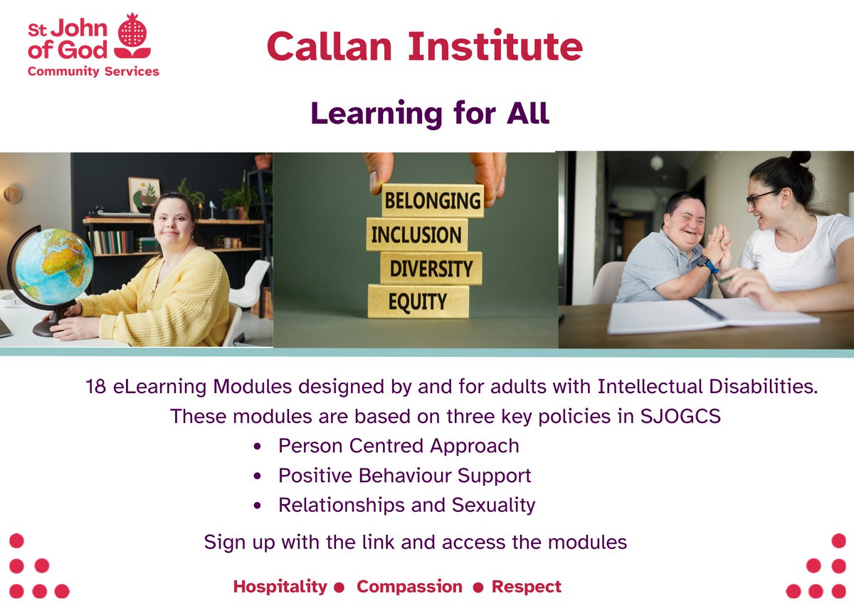 sjogcs's tweet image. Learning for All bitesize #eLearning units on 2 key policies in SJOGCS, ‘#PositiveBehaviourSupport’ and ‘Sexuality & Intimate Relationships’. You can find the modules here at callaninstitute-pbs.ie If you have any questions please contact us at callan@sjog.ie