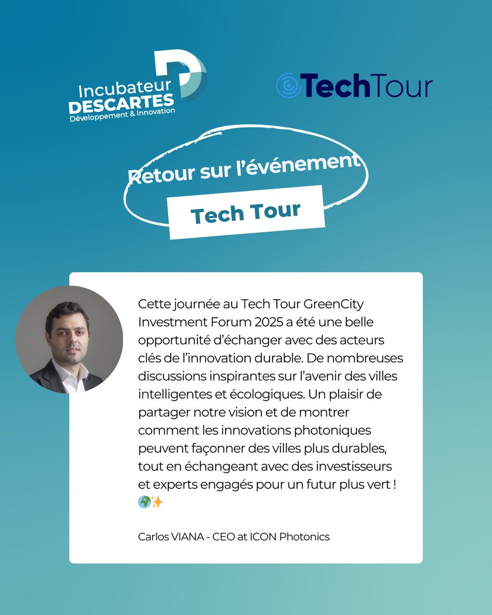Retour sur l'événement Tech Tour GreenCity 2025 !

A cette occasion, nous voulons vous partager le verbatim de Carlos VIANA CEO d'ICON Photonics.

Merci encore à tous les partenaires et participants !

#VilleDurable #Startup #Innovation #Investissement #FrenchTech
