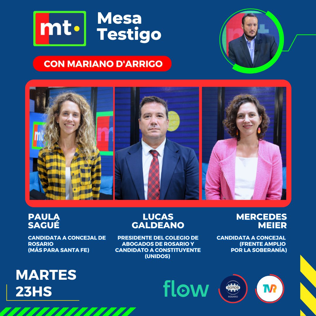 Este martes en #MesaTestigo con 
🔸 <a href="/PaulitaSague/">Paula Sague</a>
🔸 <a href="/GaldeanoLucas/">Lucas Galdeano</a>
🔸 <a href="/Meme_Meier/">Mercedes Meier</a>

🖊️ <a href="/mdarrigo/">Mariano D'Arrigo</a>

▶️Martes 23hs también en nuestro YouTube: youtube.com/@mesatestigo
📺 <a href="/SomosRosarioOK/">Somos Rosario</a>  
📺 <a href="/tvregional2/">Televisión Regional Rosario</a>