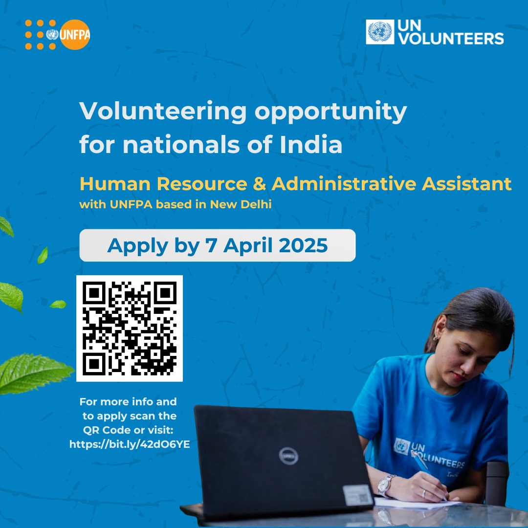UNV_India's tweet photo. Join us as a UN Volunteer in India to support Human Resource &amp; Administrative tasks.

📌 Human Resource &amp; Administrative Assistant
📍 Organization: UNFPA, India
📅 Deadline: 7 April 2025
💻 Link to apply: https://t.co/BCSYUlePyz https://t.co/xh4gbXVPPD