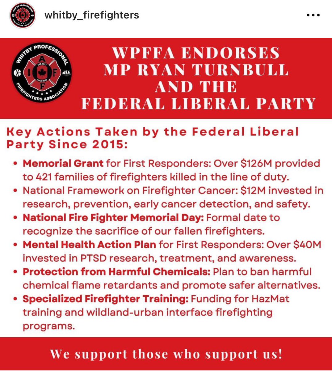 TurnbullWhitby's tweet photo. Very honoured by this endorsement and thank the @WPFFAL2036 Whitby Firefighters for their support!
Let’s keep delivering real results for Whitby and supporting our firefighters across Canada!
#reelectryanturnbull #chooseteamcarney #StrongerTogether #TeamCarney #WhitbyFire https://t.co/b67JKudm6n