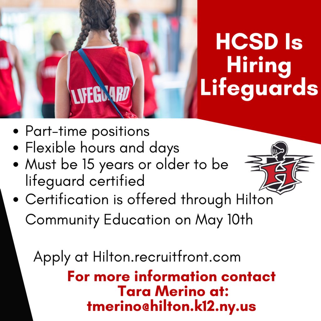 Hilton CSD (@hiltoncsd) on Twitter photo Are you a student looking for a part-time job? HCSD is looking for lifeguards, certification class is next month. Contact Tara Merino at tmerino@hilton.k12.ny.us for more information. Are you a student looking for a part-time job? HCSD is looking for lifeguards, certification class is next month. Contact Tara Merino at tmerino@hilton.k12.ny.us for more information.
