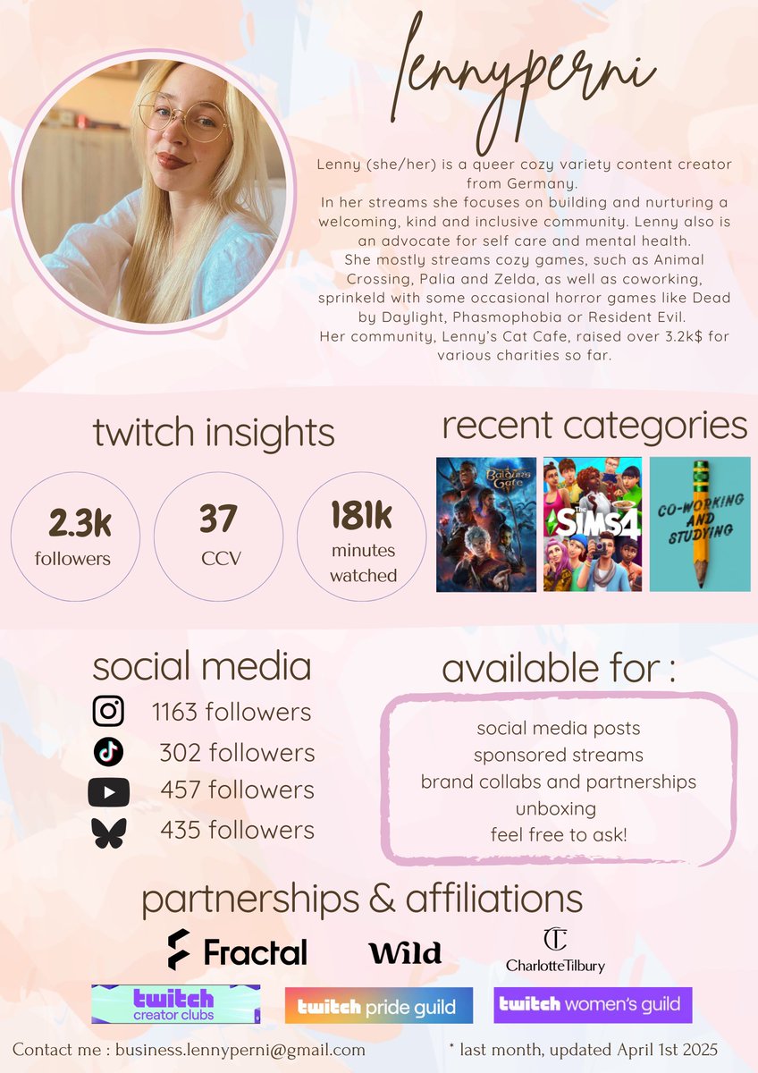 Hi, I'm Lenny, a queer passionate variety streamer!   

I strive to create a warm, wecloming inclusive community.  
Think we'd make a good match?   

Reach out to me here :  💌business.lennyperni@gmail.com