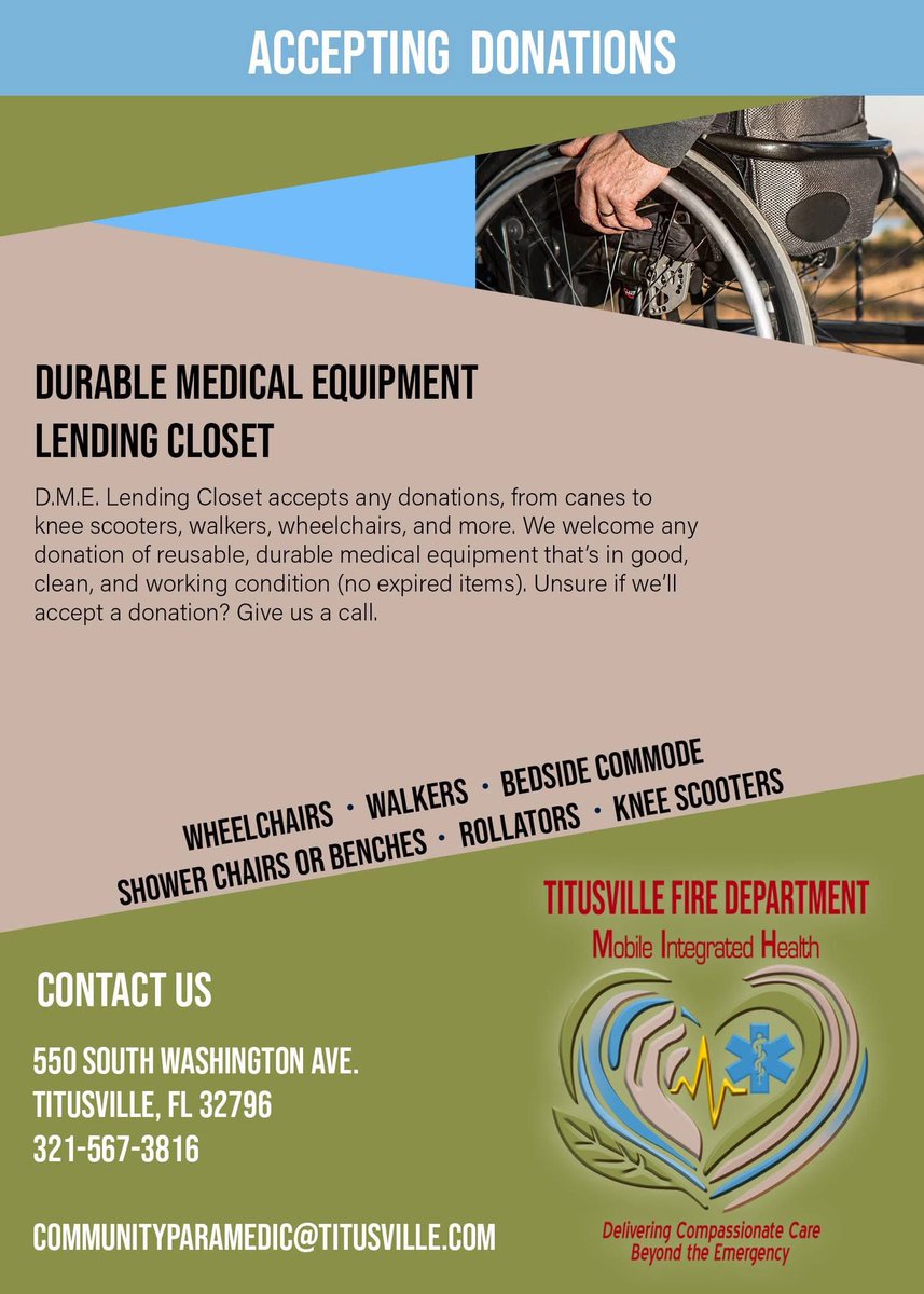 The DME Lending Closet gladly accepts donations of a wide range of durable medical equipment, including canes, knee scooters, walkers, wheelchairs, &amp; more. We appreciate donations of reusable items that are in good, clean, and operational condition (excluding expired items).