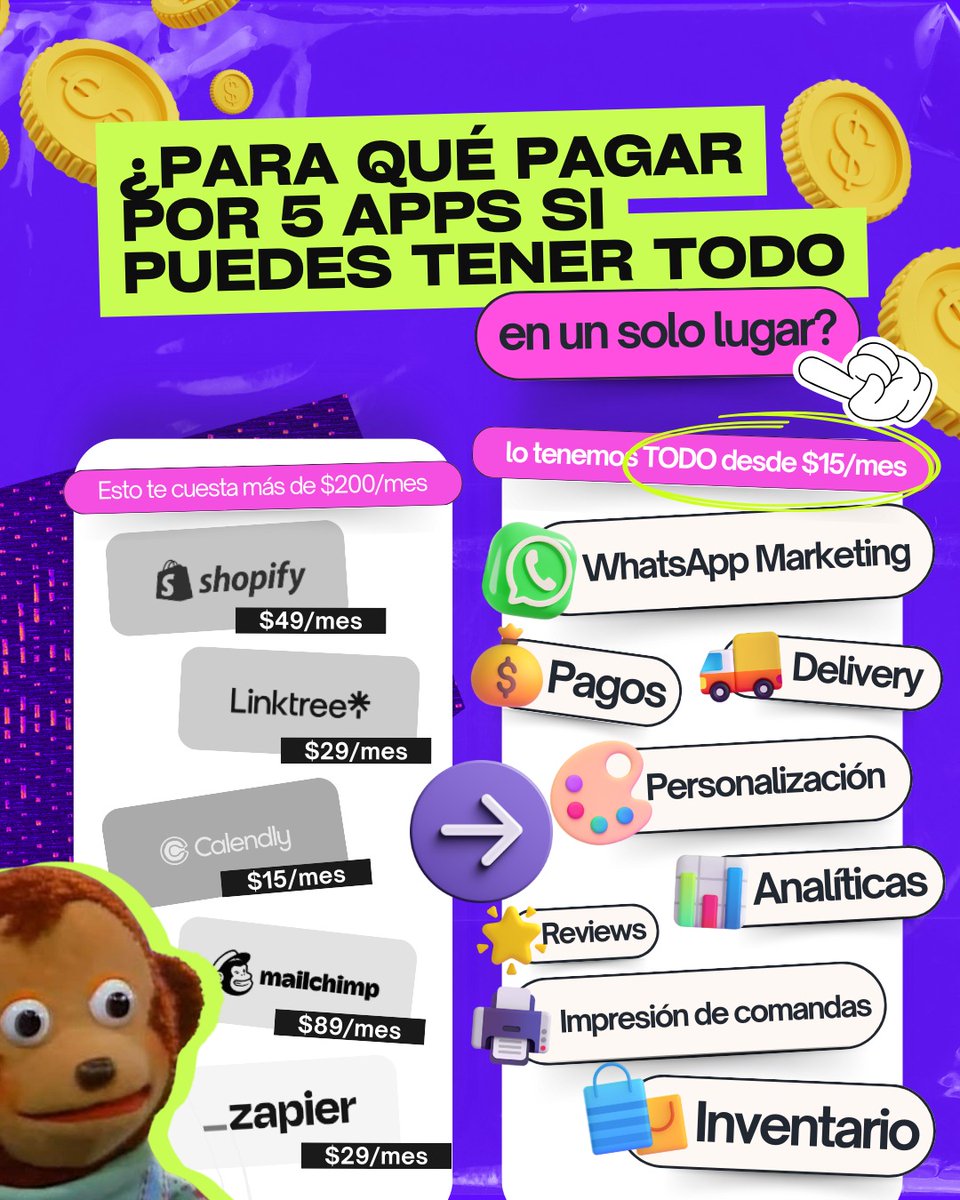whataformapp's tweet photo. ¿Para qué pagar por 5 herramientas si puedes tener TODO en un solo lugar? 🤯

Con Whataform, no necesitas: 
🚫 Shopify para vender online. 
🚫 Calendly para agendar citas. 
🚫 Linktree para enlaces en bio. 

✨ Whataform lo tiene TODO desde $15/mes.

🔗 https://t.co/wiOzkz4Mrp https://t.co/BK67uRjyKZ
