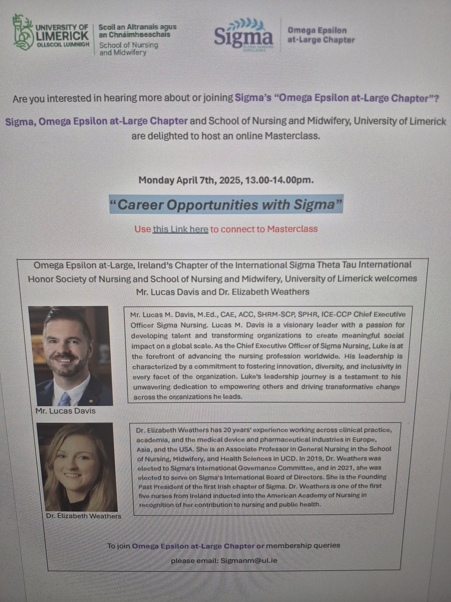 Omega Epsilon at-Large Chapter of Sigma (@sigmaireland) on Twitter photo Sigma, Omega Epsilon at-Large Chapter and School of Nursing & Midwifery, University of Limerick are delighted to host an online Masterclass.
Monday April 7th, 2025, 13-14h "Career Opportunities with Sigma"
See link to join on our website discussion page: omegaepsilon.sigmanursing.org/discussion/areโฆ Sigma, Omega Epsilon at-Large Chapter and School of Nursing & Midwifery, University of Limerick are delighted to host an online Masterclass.
Monday April 7th, 2025, 13-14h "Career Opportunities with Sigma"
See link to join on our website discussion page: omegaepsilon.sigmanursing.org/discussion/areโฆ