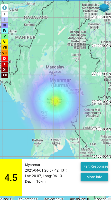 EQ of M: 4.5, On: 01/04/2025 20:57:42 IST, Lat: 20.07 N, Long: 96.13 E, Depth: 10 Km, Location: Myanmar. 
For more information Download the BhooKamp App 
riseq.seismo.gov.in/riseq/earthqua… 
<a href="/DrJitendraSingh/">Dr Jitendra Singh</a> 
<a href="/OfficeOfDrJS/">Office of Dr. Jitendra Singh</a> 
<a href="/Ravi_MoES/">Ravi</a>  
<a href="/Dr_Mishra1966/">Dr. O. P. Mishra</a> 
<a href="/ndmaindia/">NDMA India | राष्ट्रीय आपदा प्रबंधन प्राधिकरण 🇮🇳</a>