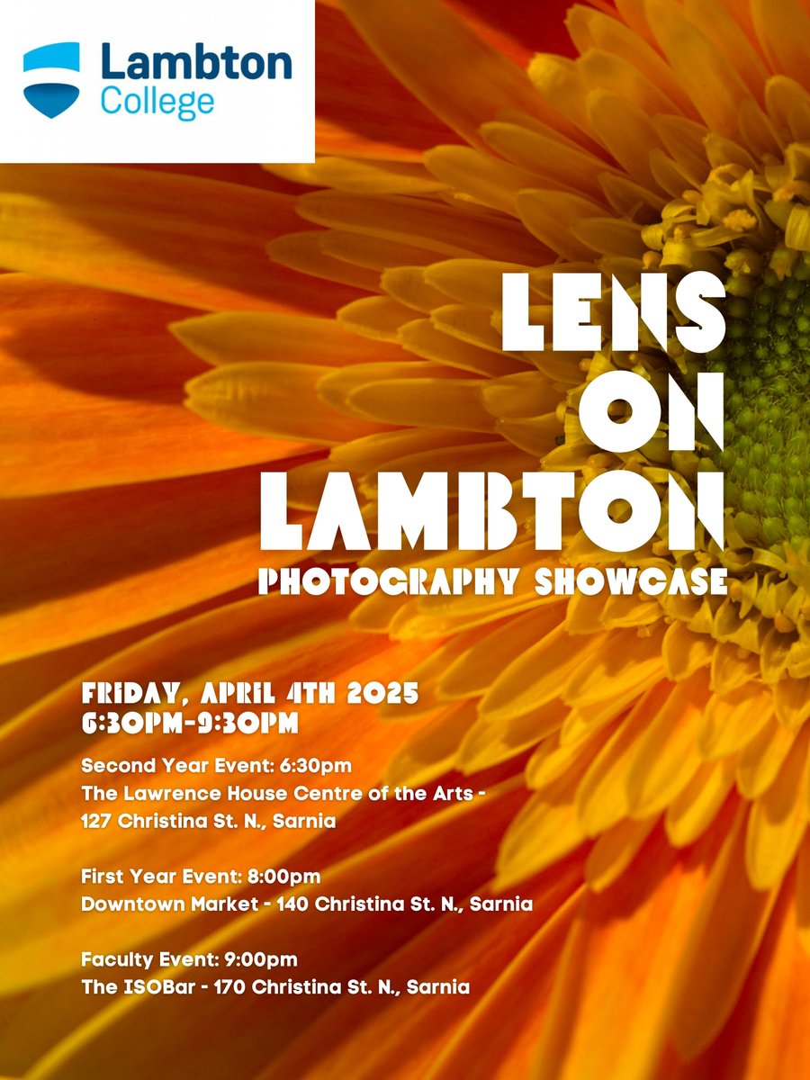 📸 Join Lambton College Photography students at the Lens on Lambton Annual Showcase during First Friday downtown Sarnia!

Explore stunning photography displayed at local businesses, enjoy a night of art, and learn more about our Photography program.

View the poster for details.