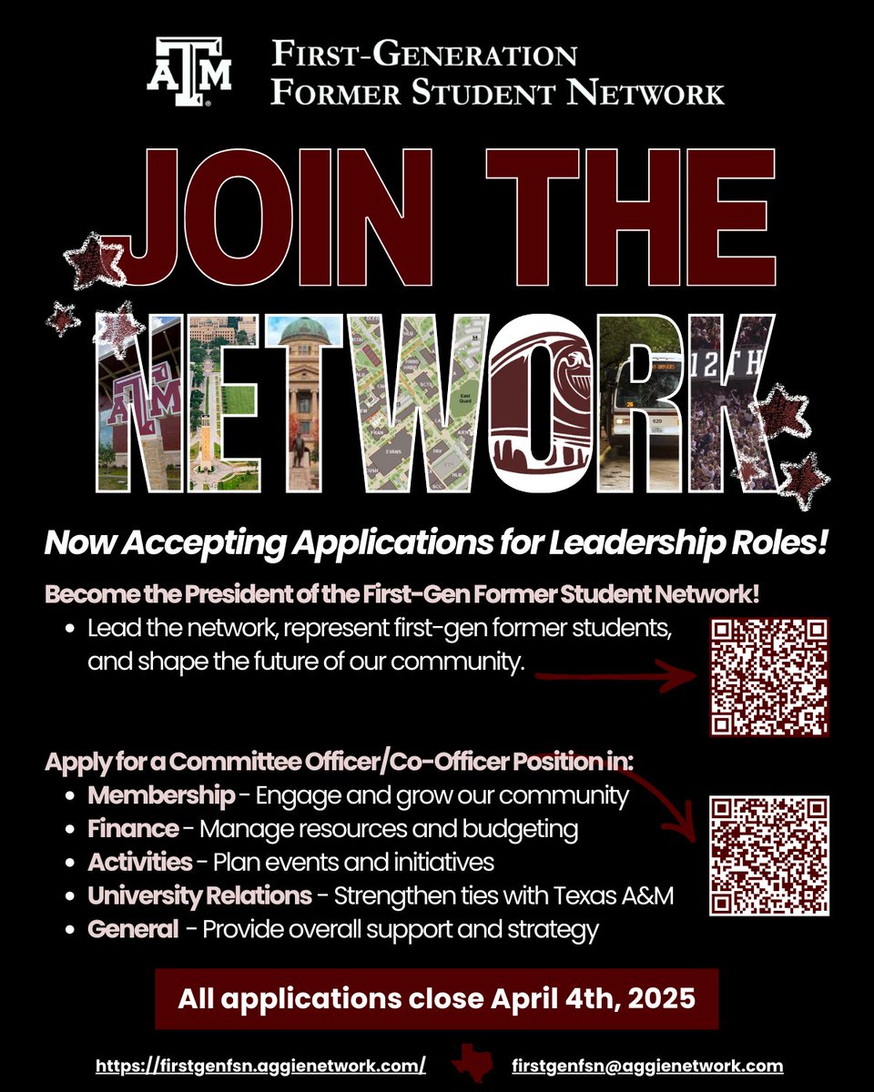 📣 Calling all First-Gen Former Students! 🌟 Join the Texas A&amp;M First Gen Former Student Network as a leader! Apply today and help shape the future of our community. 
Deadline: April 4, 2025. Scan QR code to apply! 👍#FirstGenLeaders #AggiePride