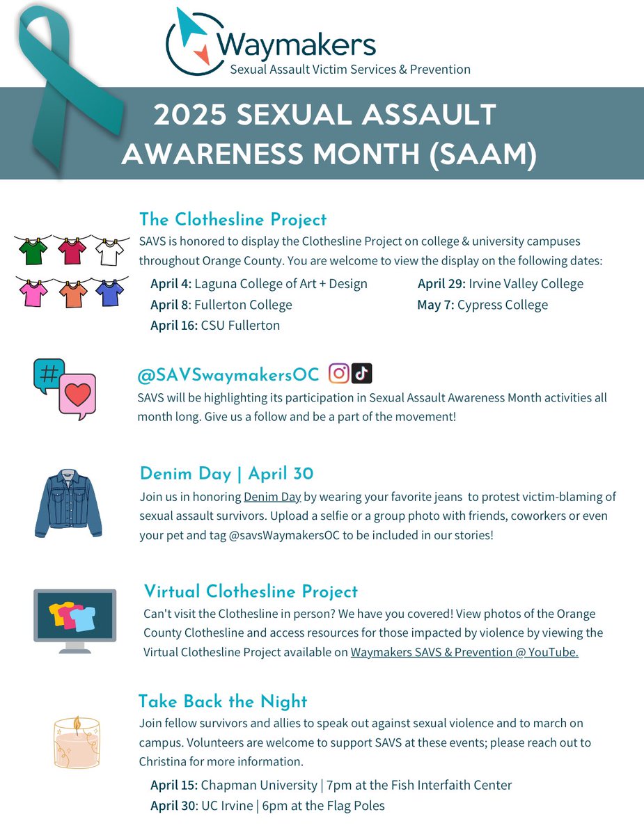 At Waymakers, our mission is to empower survivors, educate communities, and foster meaningful change. As the only rape crisis center in Orange County, our Sexual Assault Victim Services team provides free, confidential support to those impacted by sexual violence #saam
