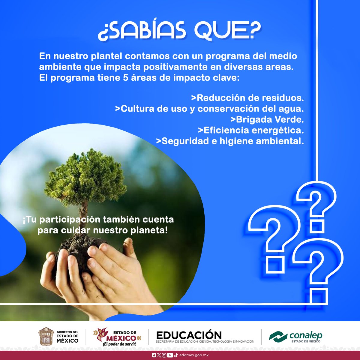ConalepLRLP's tweet photo. En nuestro plantel contamos con un programa del medio ambiente que impacta positivamente en diversas áreas. 
El programa tiene 5 áreas de impacto clave:

Reducción de residuos.
Cultura de uso y conservación del agua.
Brigada Verde.
Eficiencia energética.
#ApasionadamenteCONALEP https://t.co/igjScZ5kZh