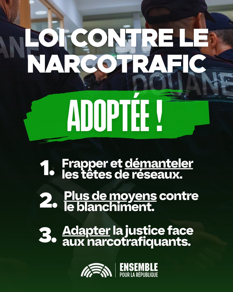 ✅ Adoption de la proposition de loi visant à sortir la France du piège du narcotrafic &amp; de la proposition de loi organique fixant le statut du procureur national anti-stupéfiants
✅ Des moyens renforcés pour passer à l'action en matière de lutte contre la criminalité organisée !