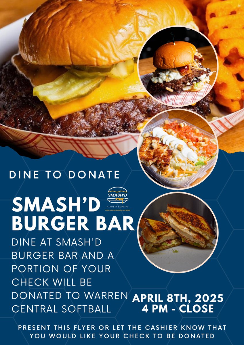 Mark you calendars! WCSB is having a Dine to Donate Fundraiser at Smash’d Burger Bar on April 8th from 4pm - 10pm. Bring in this flyer and show it to your server! 🟡⚫️🥎 <a href="/WarriorNation_1/">WCHS Athletic Dept</a> <a href="/WCMediaKids/">Warren Central Media</a> <a href="/warren_owl/">Warren Central Owl</a> <a href="/WCHS_Warriors/">Warren Central HS</a> <a href="/msdwarren/">MSD of Warren Township</a> <a href="/EastsidePrideWC/">Warren Township Chatter</a>