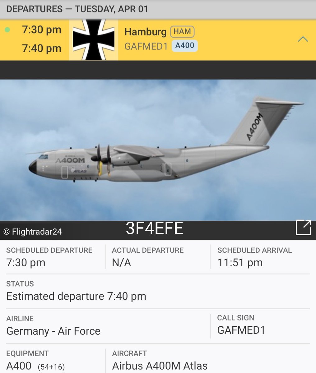 LebanonJets's tweet photo. Interesting callsign: #GAFMED1 #Germany AirForce A400M from Wunstorf into #Beirut then onwards to #Hamburg ~260 German troops in #Lebanon for #UNIFIL so possibly a MedEvac- same airframe here on Mar6 #3F4EFE https://t.co/QkUSHJ3vTm