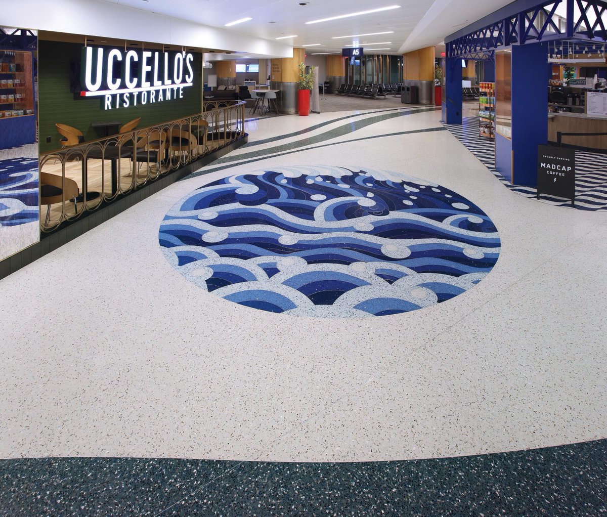 NCTerrazzo's tweet photo. Clean lines, bold colors, and effortless upkeep—terrazzo is the total package. #FlooredByTerrazzo 📸: Viken Djaferian, FotoGrafix https://t.co/QbXWQyUIEm