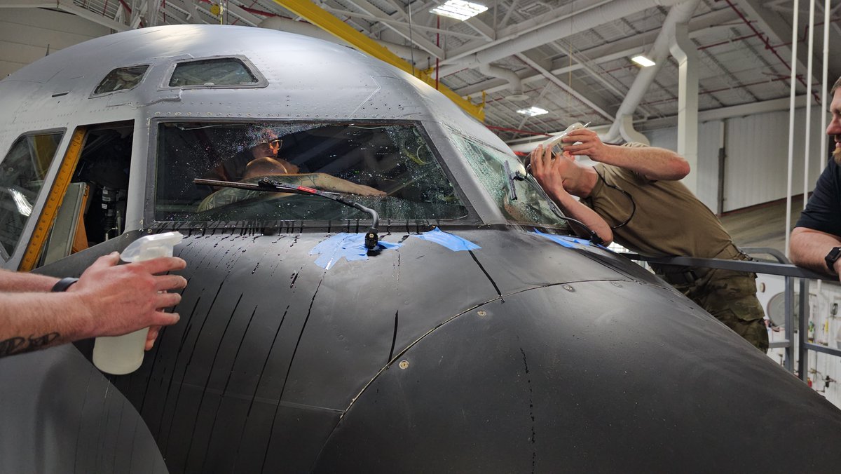 AFEnergy's tweet photo. Small changes can lead to maximum warfighter impact! Maintainers at Bangor ANGB re-installed wiper blades on two KC-135 aircraft in a vertical position - this shift from horizontal is projected to reduce drag by 1% &amp; over $6.6 million per year in fuel cost avoidance. https://t.co/OvApWQSBVN