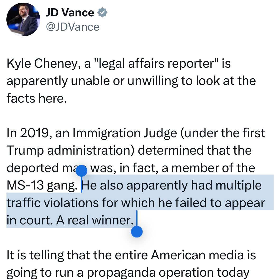 JoshEakle's tweet photo. Yes, we sent an innocent father of two to a concentration camp and will leave him there to die.

Yes, I'm lying to you by saying he's a gang member, which was never alleged or proven.

But it's all justified because he had some speeding tickets.

Unthinkable evil and depravity. https://t.co/cCL921AfaB