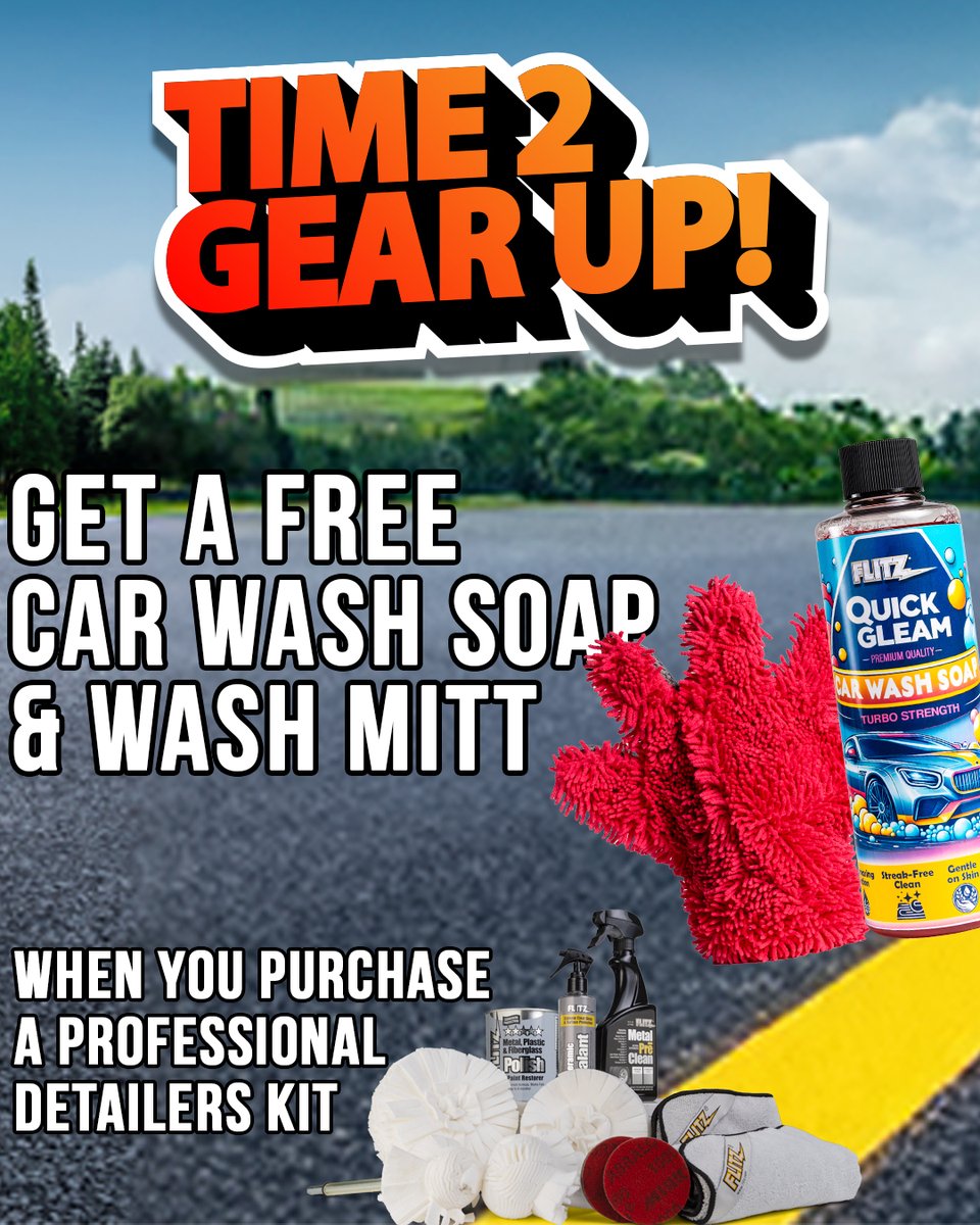 📷 TIME 2 GEAR UP! 📷
Get your ride shining inside &amp; out!
Buy a Flitz Professional Detailers Kit and score a FREE Quick Gleam Car Wash Soap + Wash Mitt – the perfect duo to start your detail right.
📷 While supplies last – don’t miss out!
📷 Shop now: flitz.com/professional-c…