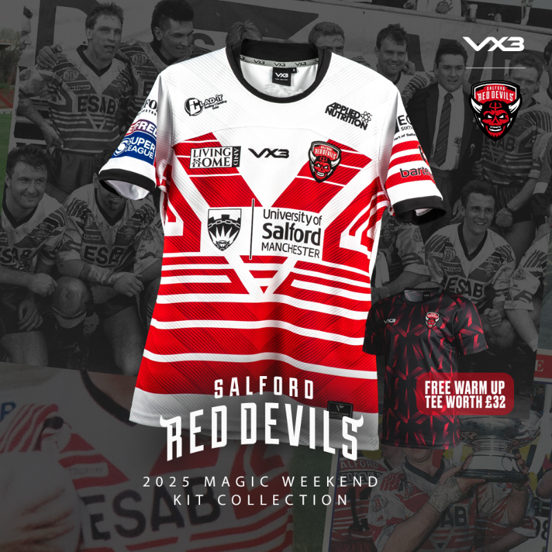 SalfordDevils's tweet photo. We are delighted to launch our 2025 Magic Weekend jersey, inspired by our Second Division title-winning team of 1990-91! 🔴 ⚪️ 

Shop the range now and pick up a free warm-up tee worth £32!👇