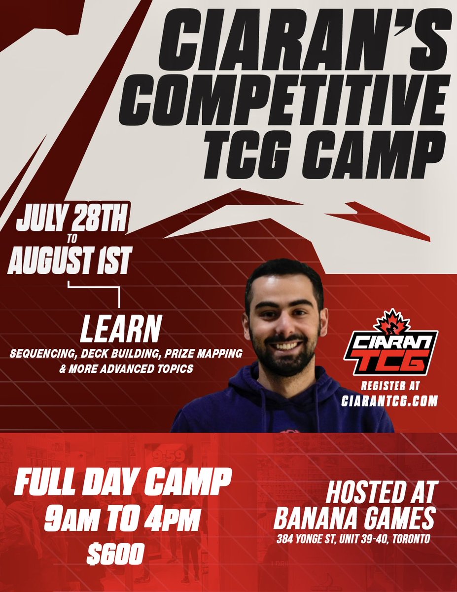 ciaran_tcg's tweet image. I'm super excited to announce I'm running a competitive focused Pokémon camp this summer in Toronto! It is focused on helping Jr and Sr division players level up their skills through a week of curriculum focused on advanced topics! Sign up link below!