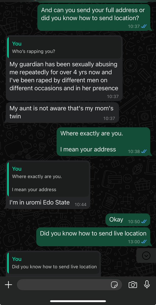 aminukhadee's tweet photo. She was chatting with me yesterday then went blank, apparently came back this morning to say she was raped again last night. Please tag anyone that can help this little girl.
@Coolverydarkma @aproko_doctor @realwarripikin @datwarrigirl @AYCOMEDIAN https://t.co/6oshxHLLGS