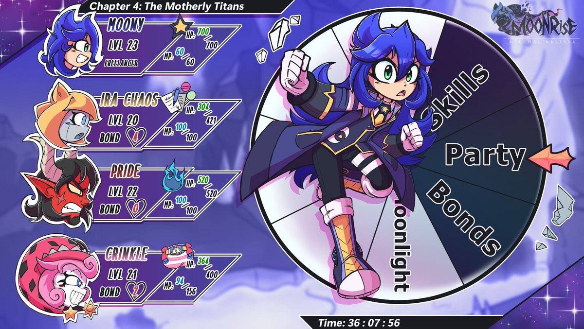 DivineOmutsu's tweet photo. As you Progress throughout Moonrise: Eternal Eclipse, you will form a Party of characters both from Chapters and through Gacha banners. These characters can form "Bonds" through conversations and Quests.

Moony herself can also grow from the Moonlight Menu.
I wonder what that is~ https://t.co/u4TUQcEHLB